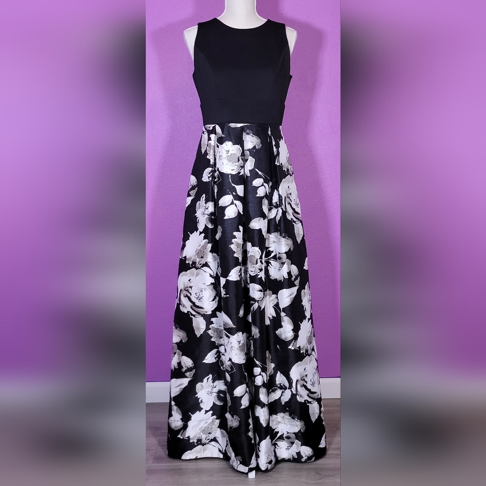 Melrose Black Sleeveless Floral Print Maxi Evening Gown - Size 8